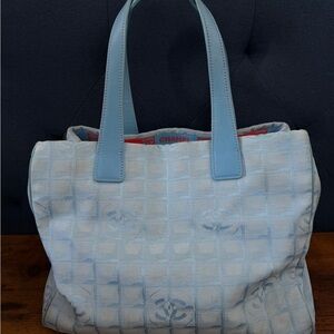 CHANEL Travel Line Tote Blue Nylon/Canvas/Leather Tote